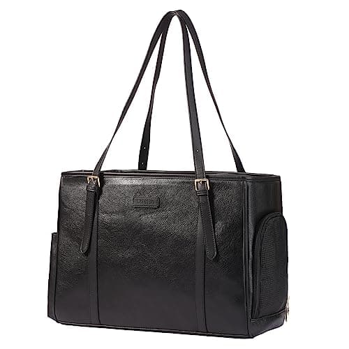 Lasaviin Trendy Leather Handbag for Small Dogs, Cats, Puppies, Portable Tote Bag Airline Approved (Black)