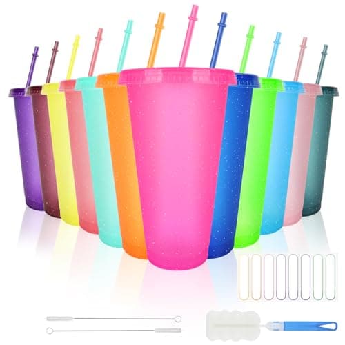 BELICOO 12 Pack Color Changing Cups, 710ml Plastic Cups with Straws & Lids