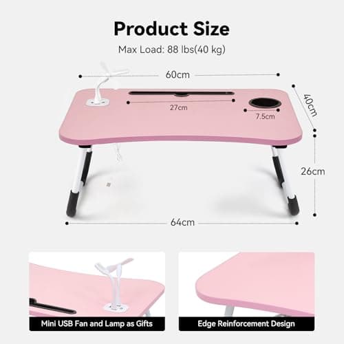 Foldable Laptop Table with USB Ports, Drawer, Cup Holder&Tablet Slot, Pink — view 4