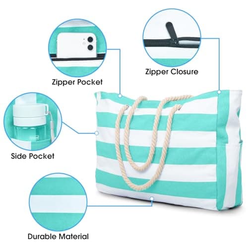 oscaurt Beach Bags for Women Waterproof Beach Tote Bag with Zip Foldable Travel Bag Shoulder Bag Holiday Essentials Canvas Gym Bag Shopping Bags — view 4