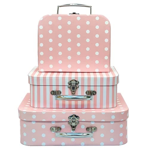Amedoo Paperboard Suitcases, Decorative Storage Boxes with Lids, Set of 3 Nesting Gift Boxes Pink Storage Box, Christmas, Nursery and New Year Gift Decoration (Pink Dots and Strips)