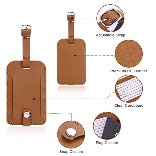 Flintronic 2 Pcs Luggage Tags, Leather Baggage Labels, Suitcase Name ID Card Tag Set, Leather Tags Travel Handbag Accessories for Preventing Loss of Bags(Brown) — view 4