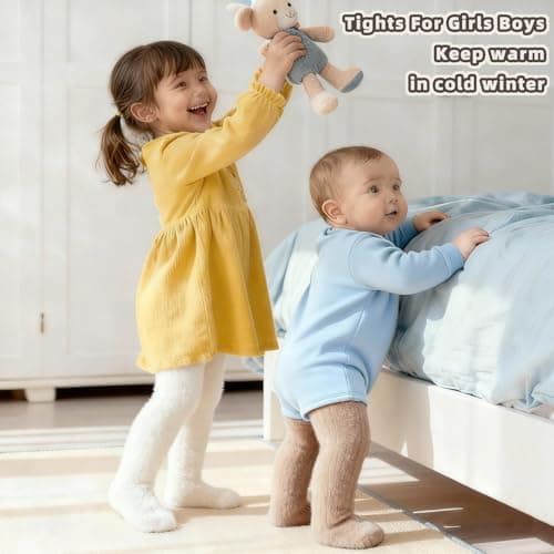 LEHEEYWT Baby Tights, Thick Fleece Thermal Baby Leggings, Elastic Soft Pantyhose Winter Tights For Girls 6 Months To 3 Years (UK, Age, 6 Months, 12 Months, Cream White) — view 5