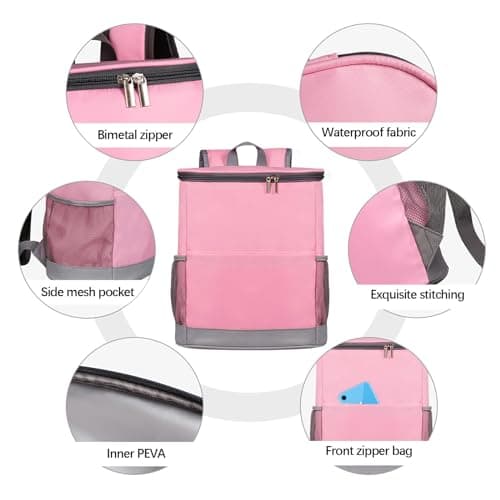 Cooler Backpack Insulated Cooler Bag 24L Backpack Cooler Bag Thermal with Hard Liner, Lightweight Shopping Rucksack Leak-proof Picnic Backpack Perfectly Fit for Beach/Work/Camping/Hiking (Pink) — view 3