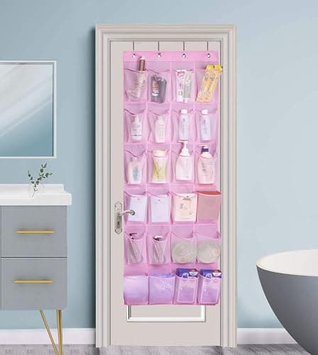MISSLO Kids Over Door Hanging Shoe Storage Organiser Baby Organizer Hanging Shoe Rack Breathable 24 Large Mesh Pockets for Toddler Girl, Pink — view 6