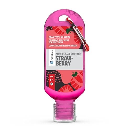 Palm Safe Strawberry 60ml Anti Bacterial Premium Hand Sanitiser Travel Size Refillable Clip Bottle Quick Drying Non Sticky Extra Moisturising Kills 99.9% of Viruses and Bacteria