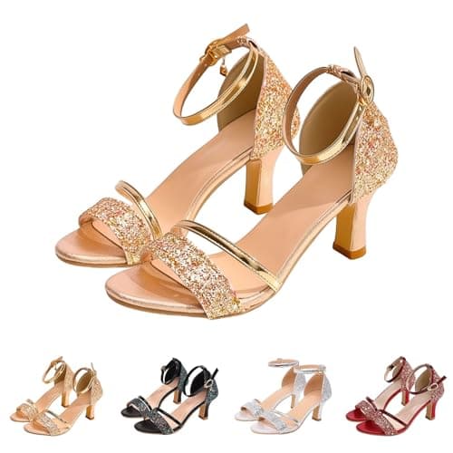 Womens Open Toe Block Heels Ladies High Heel Sandals Sparkly Summer Heeled Buckle Adjustable Elegant Retro Wide Platform Comfortable Casual Walking Outdoor Shoes (Gold, 5) — view 4