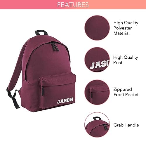 Print Maniacs Personalised School Backpack Large 18L Kids Travel Rucksack Junior Shoulder Collage Rucksack Back To School Lunch Swimming P.E Laptop Book Bag Small Name (Burgundy) — view 3