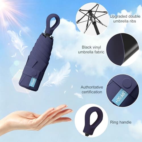 HCQC Mini Sun Umbrella with Ring Handle – UPF 50+ UV Protection 99.9%, Compact Travel Umbrella for Purse & Backpack, Lightweight Small Portable, Rain & Sun for Women Men Kids (Navy Blue) — view 3