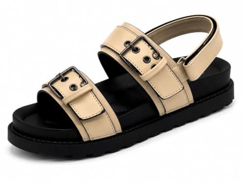 Core Collection Womens Buckle Sandals Ladies Open Toe Faux Leather Platform Gladiator Shoes (Beige, UK Footwear Size System, Adult, Women, Numeric, Medium, 4)