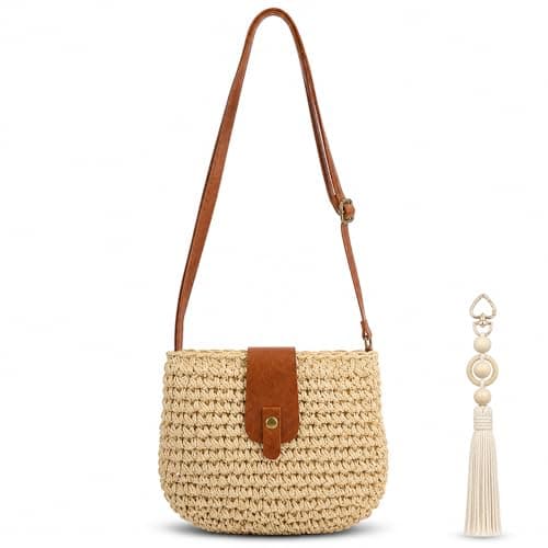 Celsano Straw Bags for Women UK, Summer Bohemian Straw Crossbody Bag with Zipper Handmade Weave Straw Small Beach Bag with Adujustable Strap for Beach Holiday Vacation Travel