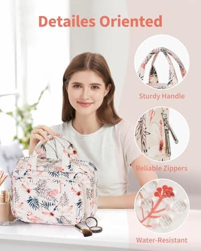 Narwey Full Size Toiletry Bag Large Wash Bag Makeup Bag Travel Organizer Cosmetic Bag for Women (Beige Flamingo) — view 6