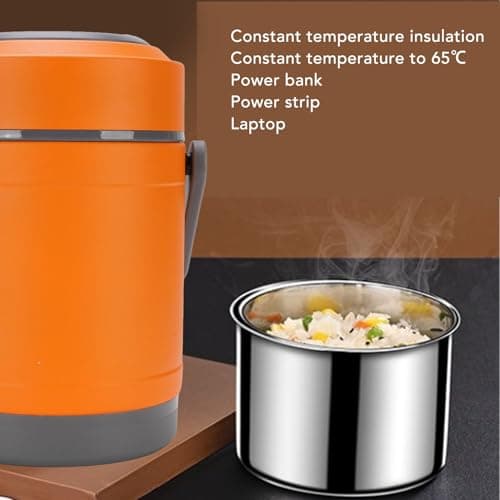 2L Thermal Cooking Pot, USB Portable Camping Pot with Leakproof Locking Lid, Stainless Steel Vacuum Thermal Cooker, Insulated Packable Travel Food Container (Orange) — view 3