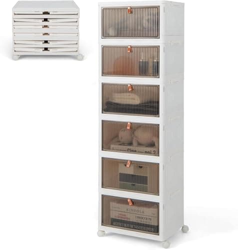 HYGRAD Shoe Storage Boxes Stackable Trainer Containers Shoe Organisation Boxes With Door On Wheels To Move around For Bedroom 2/3/4/5/6 Layers (6 Tier)