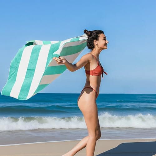 Ouxiaobai Cotton Oversized Beach Towel - 35 x 70 Inch Large Size Pool Towel, Striped Soft Cabana Swim Towel (Turquoise) — view 5