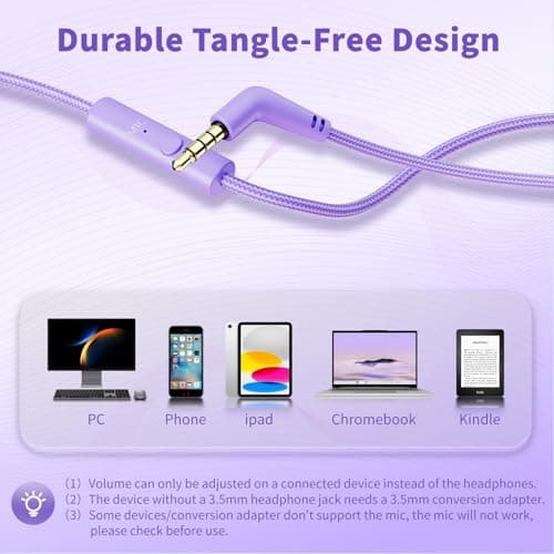 Headphones Wired with Microphone, 3.5mm Corded Headphone for School, Purple — view 5
