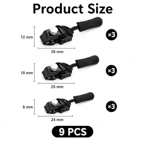 QIHAWN 9Pcs 3 Sizes Zipper Repair Kit, Black Metal Pulls for Bags Jackets — view 2
