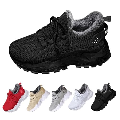 Womens Fleece Lined Trainers Winter Thick Sole Snow Boots Lightweight Lace Up Non Slip Orthopedic Wedge Sneakers Ladies Fashion Comfortable Tennis Walking Jogging Shoes Black