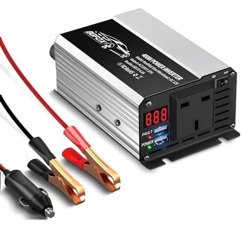 BGFOX 400W Car Power Inverter DC 12V to AC 240V 230V Voltage Converter with 2 USB 4.8A Ports for Charge Your Laptop, for iPad, iPhone, Tablet, Aluminium Body & Smart Digital Display - Silver