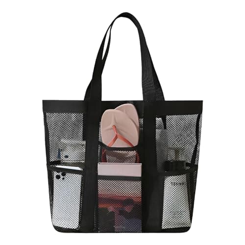 KUAOOAUK Large Mesh Tote Bag with 9 Pockets, Black Waterproof Beach Bag