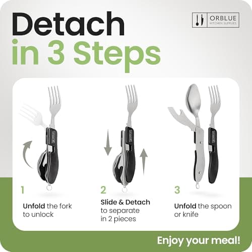 Orblue 4-in-1 Camping Utensils, 1-Pack, Portable Stainless Steel Spoon, Fork, Knife & Bottle Opener Combo Set - Travel, Backpacking Cutlery Multitool, Black — view 3