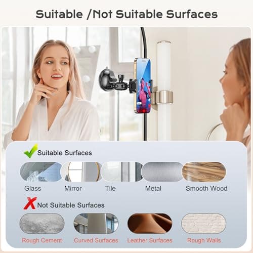 MAGJIEYX Suction Cup Mirror Phone Holder, Portable Content Creator Phone Mount for Car Bathroom Kitchen Makeup Selfies 360° Rotatable Wall Mount Fits for iPhone Samsung all Smartphones (Not Light) — view 6