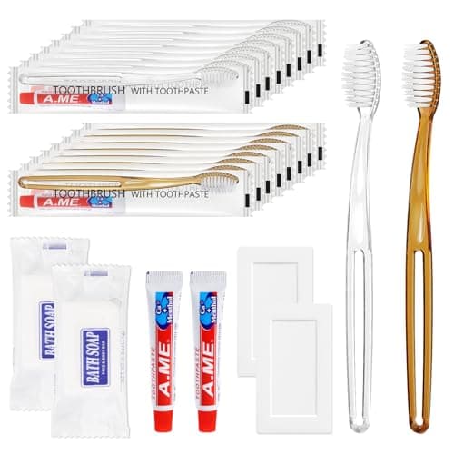 100 Sets Disposable Toothbrush with Toothpaste and Soap, Travel Toiletries Kit Bulk, Hotel Guest Supplies Set with 50 Clear and 50 Brown Toothbrushes for Travel Camping Guest Use