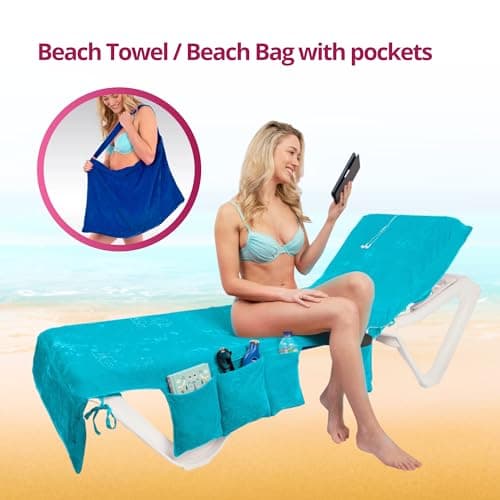 ITSA Velour Beach Towel with Pockets & Handles | 100% Cotton Foldable Sun Lounger Cover | Carry Bag | Secure Storage Beach Towel (Turquoise) — view 2