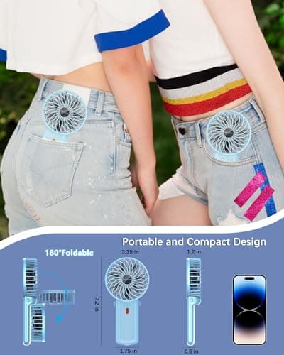 2 Pack Portable Fan Handheld Fan with Neck Lanyard, Battery Operated Electric Powered USB Rechargeable Fans, 6-15H Cooling, 180° Foldable 4 Speeds Mini Fans for Travel Outdoor Home Office, Light Blue — view 4