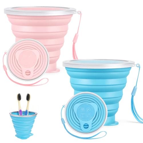 AUAUY Silicone Foldable Cups, 2 Pack 270ml Travel Camping Mug with Lid