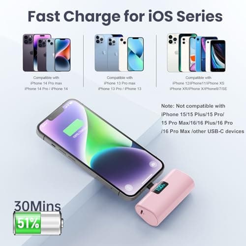 HETP Mini Power Bank 5200mAh, 20W PD Fast Charging Portable Charger, LCD Display Battery Pack, Ultra-Compact Powerbank Compatible with iPhone 14/14 Pro Max/13/13 Pro Max/12/11/XR/X/8, etc Pink — view 3