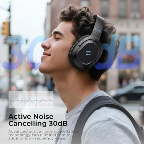 havit Active Noise Cancelling Headphones, Wireless Over Ear Bluetooth Headphones with 60ms Low Latency Game Mode, 50H Playtime, Foldable Overhead Headphones with Deep Bass, Bluetooth 5.4, App Control — view 3