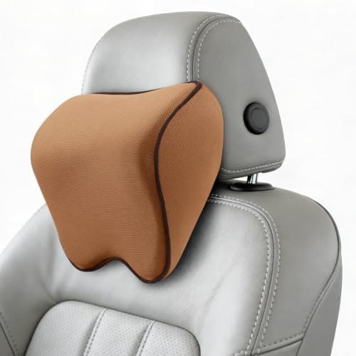 Alaoo Car Neck Support Pillow, Car Seat Headrest for Relieving Neck Fatigue with Adjustable Strap, Soft Memory Foam and Breathable Removable Cover for Passenger or Driver, Brown with Black Trim