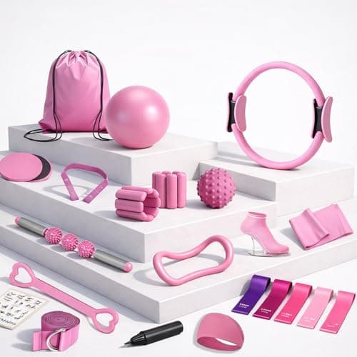OMELYA Pilates Premium Full Set 23 pcs Pilates Equipment with Wrist Weights Pilates Essential Kit Yoga Kit Pilates Ring Mini Yoga Ball Resistance Bands Core Sliders Gift for Women (Pink)
