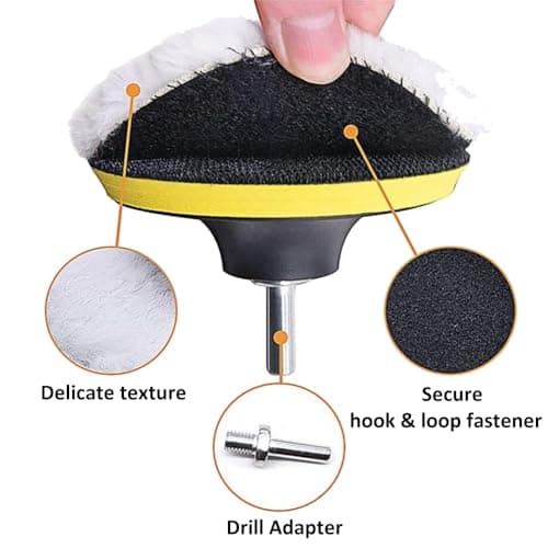 7 Pcs Wool Polishing Buffing Pads Kit 3 inch Polishing Wheel Discs with Hook & Loop Back Pad and M10 Drill Adapter, Drill Buffer Attachment for Auto Car Household Furniture Polishing Waxing Cleaning — view 3