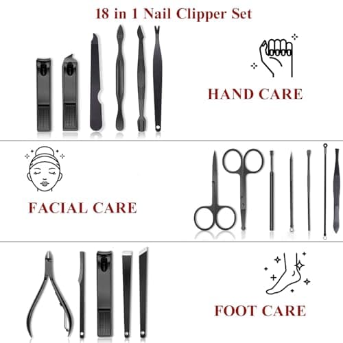 Manicure Set Professional Nail Clippers Kit Pedicure Care Tools-Stainless Steel Grooming Tools for Travel (Black-18pcs) — view 4