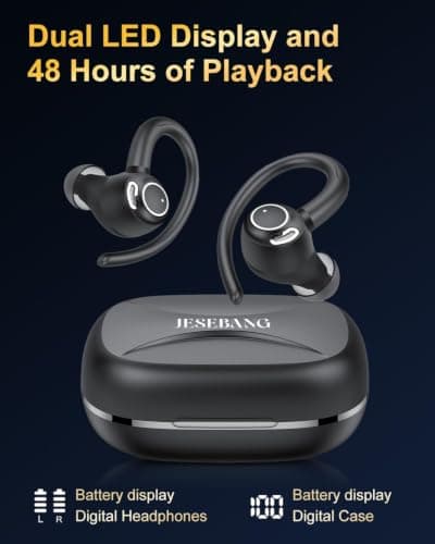Sports Wireless Earbuds with EarHooks HiFi Stereo Sound with ENC Mic, Black — view 6
