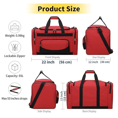55L Gym Duffle Bag Sports Holdall for Men - 22 inch Multi Pockets Large Holdall Bag for Fitness, Travel, Workout - Red — view 2