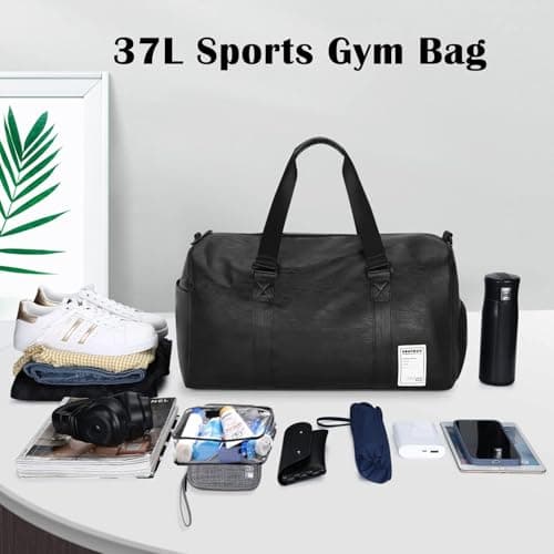 UBAYMAX Mens Black Leather Sports Duffle Gym Bag with Shoes Compartment and Wet Pocket, 37L Waterproof PU Leather Weekend Travel Overnight Bag for Men Holdall Bag Carry on for Basketball Swim Dance — view 5
