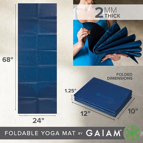 Gaiam Yoga Mat Folding Travel Fitness & Exercise Mat | Foldable Yoga Mat for All Types of Yoga, Pilates & Floor Workouts, Blue Sundial, 2mm — view 4