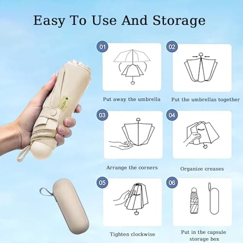 Shunshi Folding Travel Umbrella, 6 Ribs Folding Sun Anti-UV Windproof Rain Umbrella,Fast Dry,Portable Pocket Lightweight Small Compact Umbrella with Capsule Case for Men Women Teens (Beige) — view 4