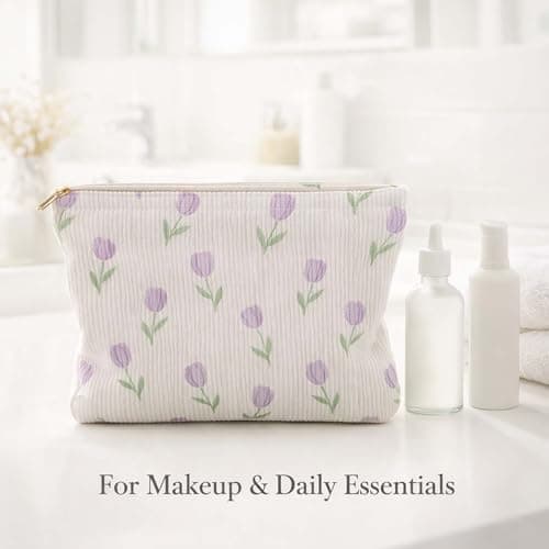 Soft Corduroy Tulip Cosmetic Bag with Zipper - Compact Travel Toiletry Pouch for Women, Floral Lavender Green Print Organiser Storage Pouch for Makeup Essentials & Skincare — view 4