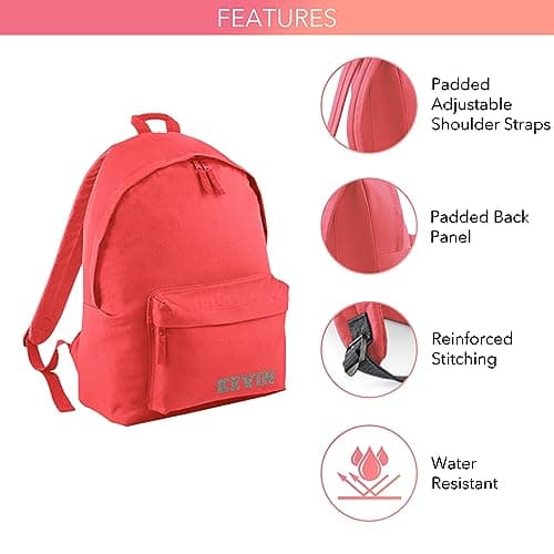 Print Maniacs Personalised School Backpack Large 18L Kids Travel Rucksack Junior Shoulder Collage Rucksack Back To School Lunch Swimming P.E Laptop Book Bag Small Name (Coral) — view 4