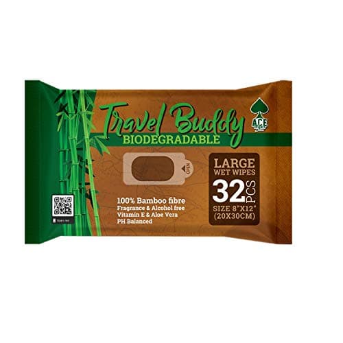 Ace Travel Buddy Large Body Wet Wipes - No Rinse Bath Or Shower Bamboo Wipe - Gym, Travel, Camping, Backpacking, Hiking, Pets, Festival Essentials/Accessories, 32 Wipes(8"X12"/20X30CM)