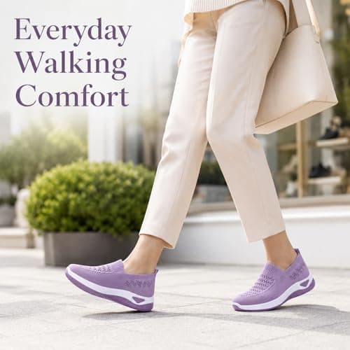 Women’s Slip On Walking Shoes, Lightweight Breathable Knitted Casual Trainers, Laceless Pull On Comfort Trainers for Ladies, Everyday Walking, Work, Travel and Outdoor Wear Purple — view 6