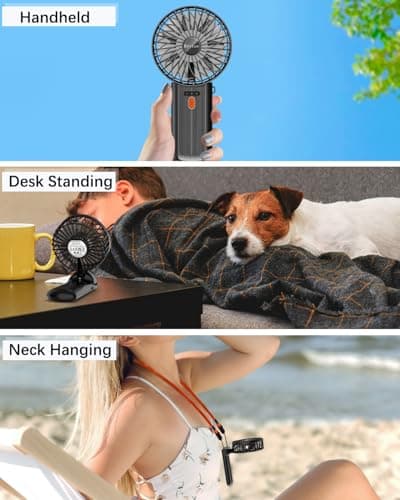 Portable Fan Handheld Fan with Neck Lanyard, Battery Operated Electric Powered USB Rechargeable Fans, 6-15H Cooling, 180° Foldable with 4 Quiet Speeds Mini Fans for Travel Outdoor Home Office, Black — view 3