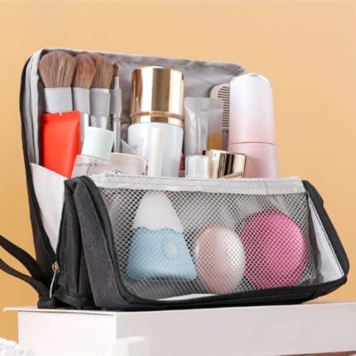 Cosmetic Bags Doresty Makeup Bag Purpose Large Capacity Cloth Standing Makeup Bag Organizer with Compartments Portable Vertical Toiletry & Stationery Storage Cork Wallet Women (Grey, One Size) — view 6