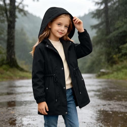 Black Girls Waterproof Jacket Windproof Hooded Raincoat Outdoor 13 Years — view 3