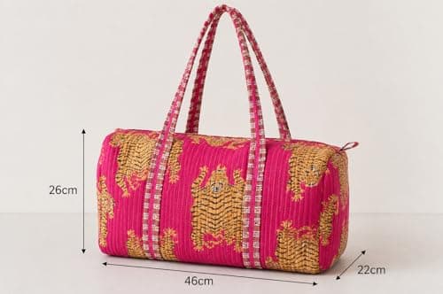 Tiger Print Quilted Cotton Weekender Bag – Handmade Travel Duffel, Gym & Yoga Bag, Lightweight Carry-On Holdall, Pink — view 4