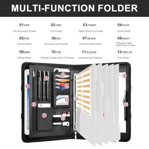 Leathario Portfolio Folder A4, Vegan Leather Conference Folder with Handle, 4-Ring Travel Document Holder with 5 5-Part File Dividers, Multi-Pocket Document Folder Organiser, Office Supplies — view 4